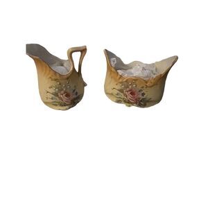 Antique Hand Painted Ceramic Creamer and Sugar Bowl Set with Floral Design